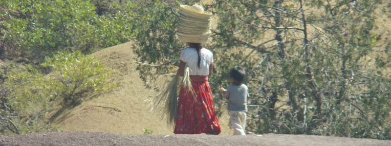 Mexican girl walks with a stack of sombreros on her head with little boy to her right