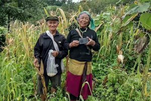Elderly Chinese man and woman stand smiling in a forest overgrown with weeds